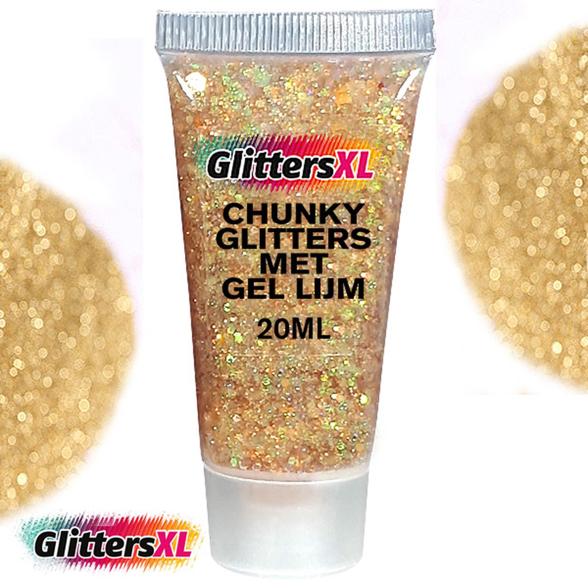 GlittersXL - Chunky Glitters met Gel Lijm Tube (Goud) [Volume 20ML - Festival Jewels Glitter Outfit Lichaam en Gezicht - Make-up Diamond Dots Face Body - Diamantjes Strass Steentjes - Kinderen Volwassenen Dames Makeup Tattoo Mastix Schmink]